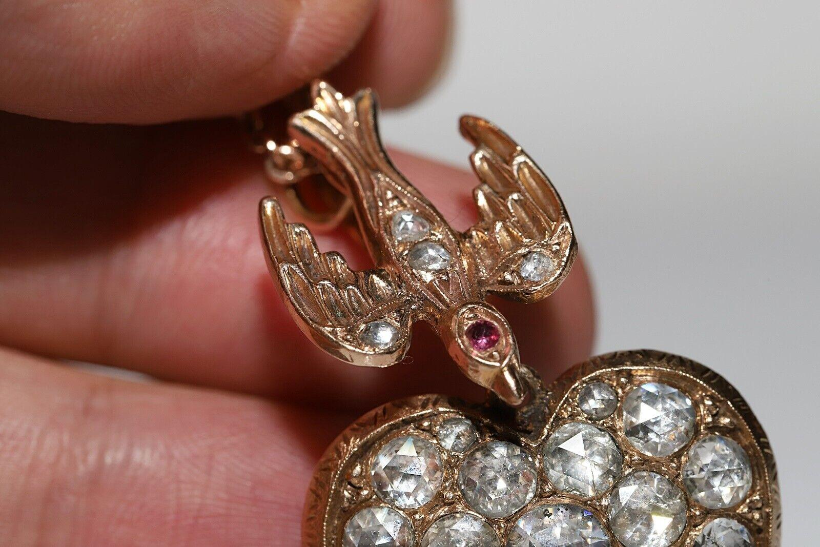 Collier pendentif cœur ancien des années 1900 en or 12 carats avec diamants naturels taille rose en vente 3