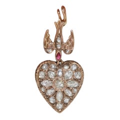 Antique Circa 1900s 12k Gold Natural Rose Cut Diamond Heart Pendant Necklace