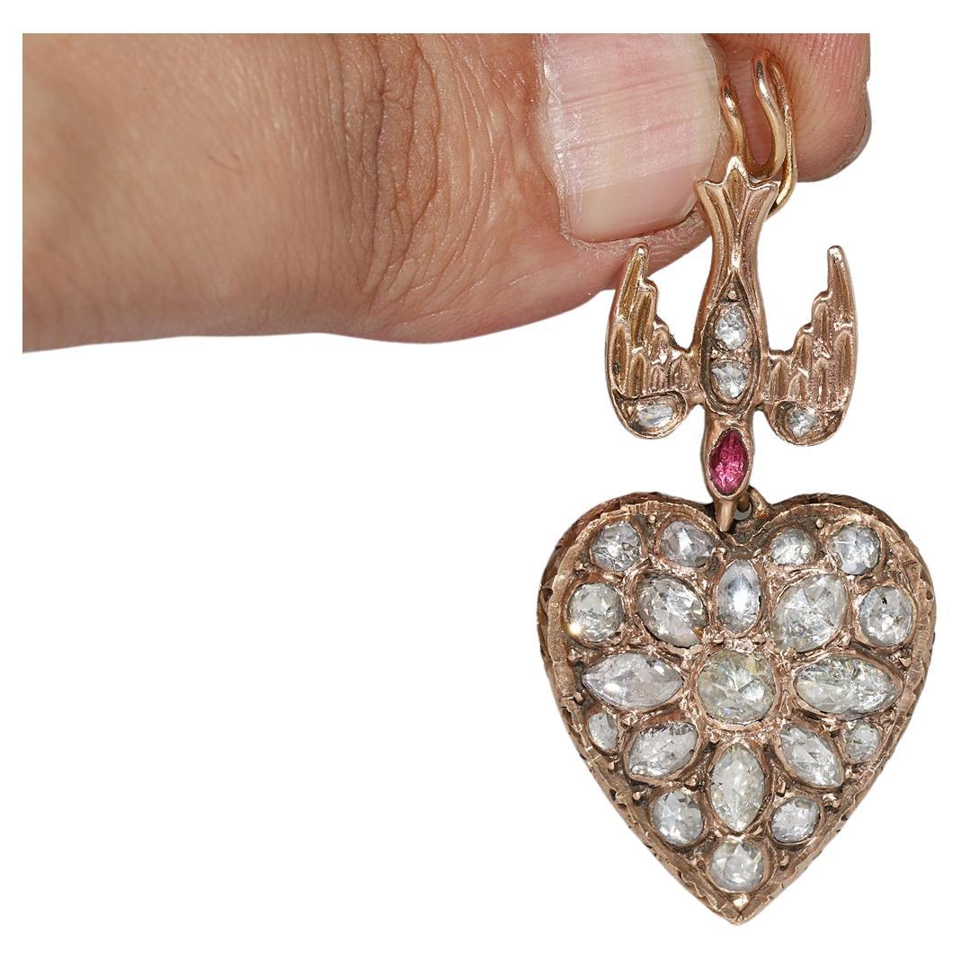 Antique Circa 1900s 12k Gold Natural Rose Cut Diamond Heart Pendant Necklace For Sale