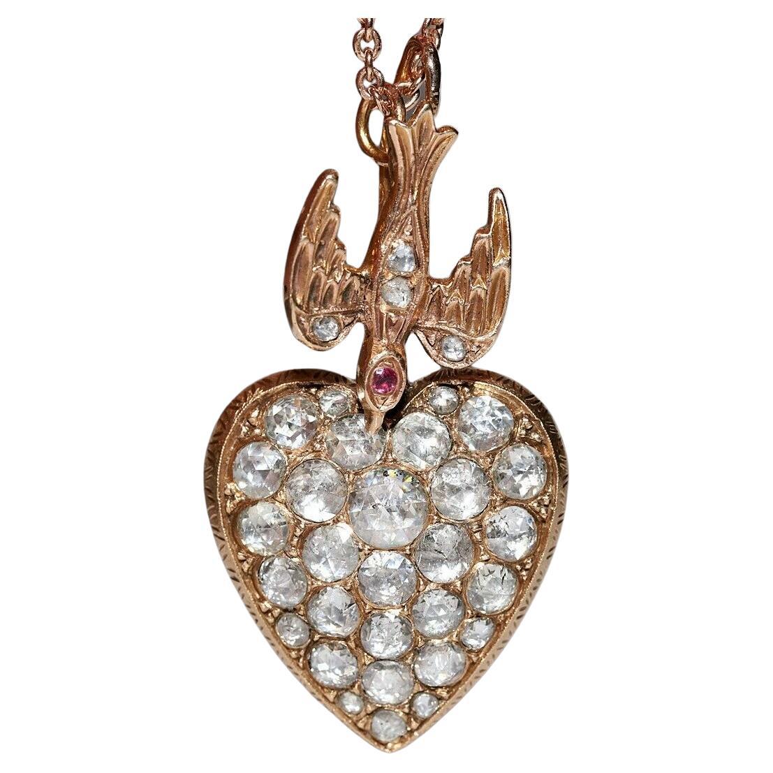 Antiguo Circa 1900s 12k Gold Natural Rose Cut Diamond Heart Pendant Necklace