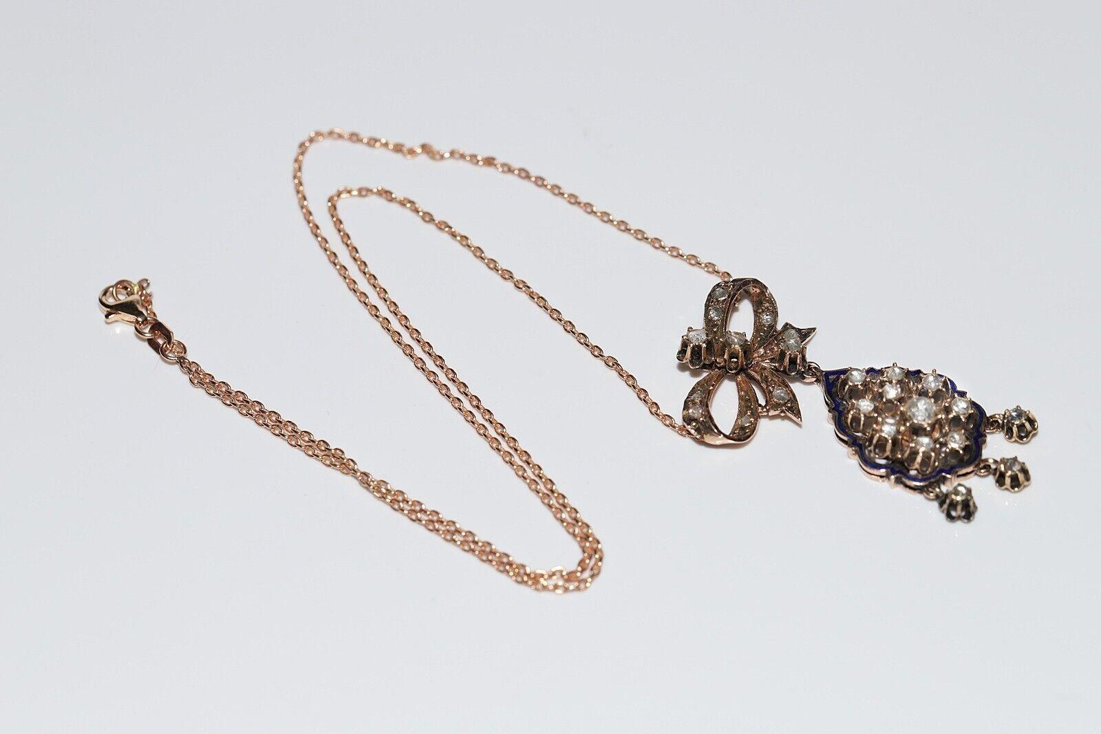 Collana antica CIRCA 1900 in oro 12k con ciondolo Dimond taglio rosa naturale e smalto in vendita 5