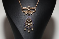 Antique Circa 1900s 12k Gold Natural Rose Cut Dimond Pendant Enamel Necklace