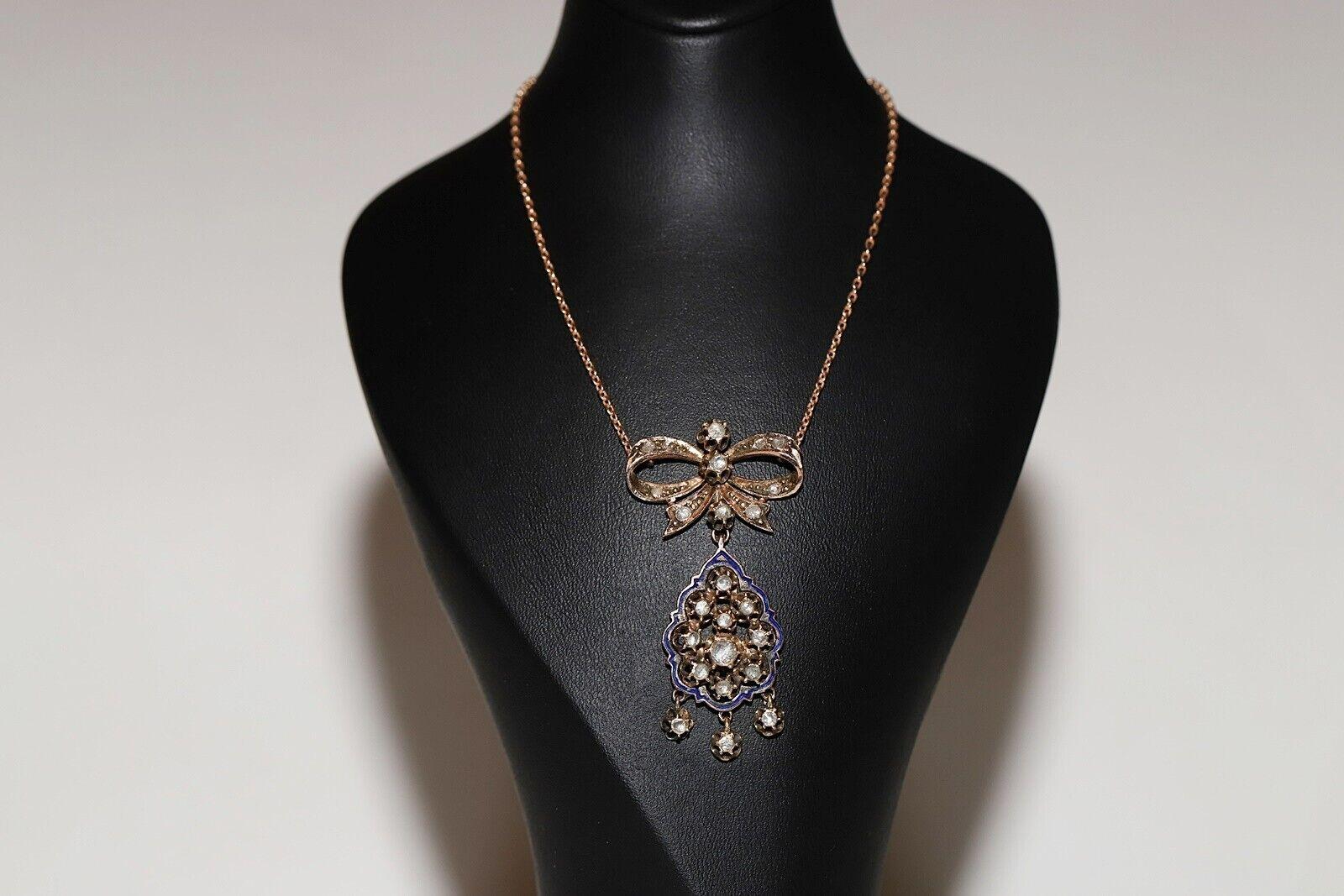 Vittoriano Collana antica CIRCA 1900 in oro 12k con ciondolo Dimond taglio rosa naturale e smalto in vendita