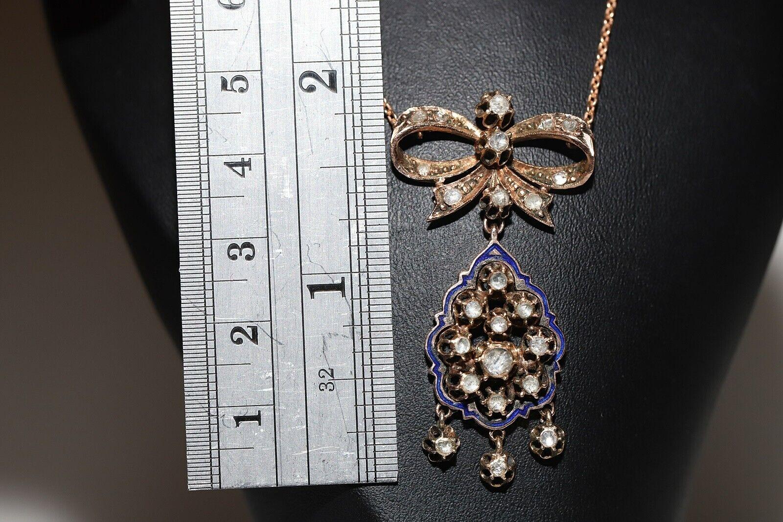 Taglio a rosa Collana antica CIRCA 1900 in oro 12k con ciondolo Dimond taglio rosa naturale e smalto in vendita