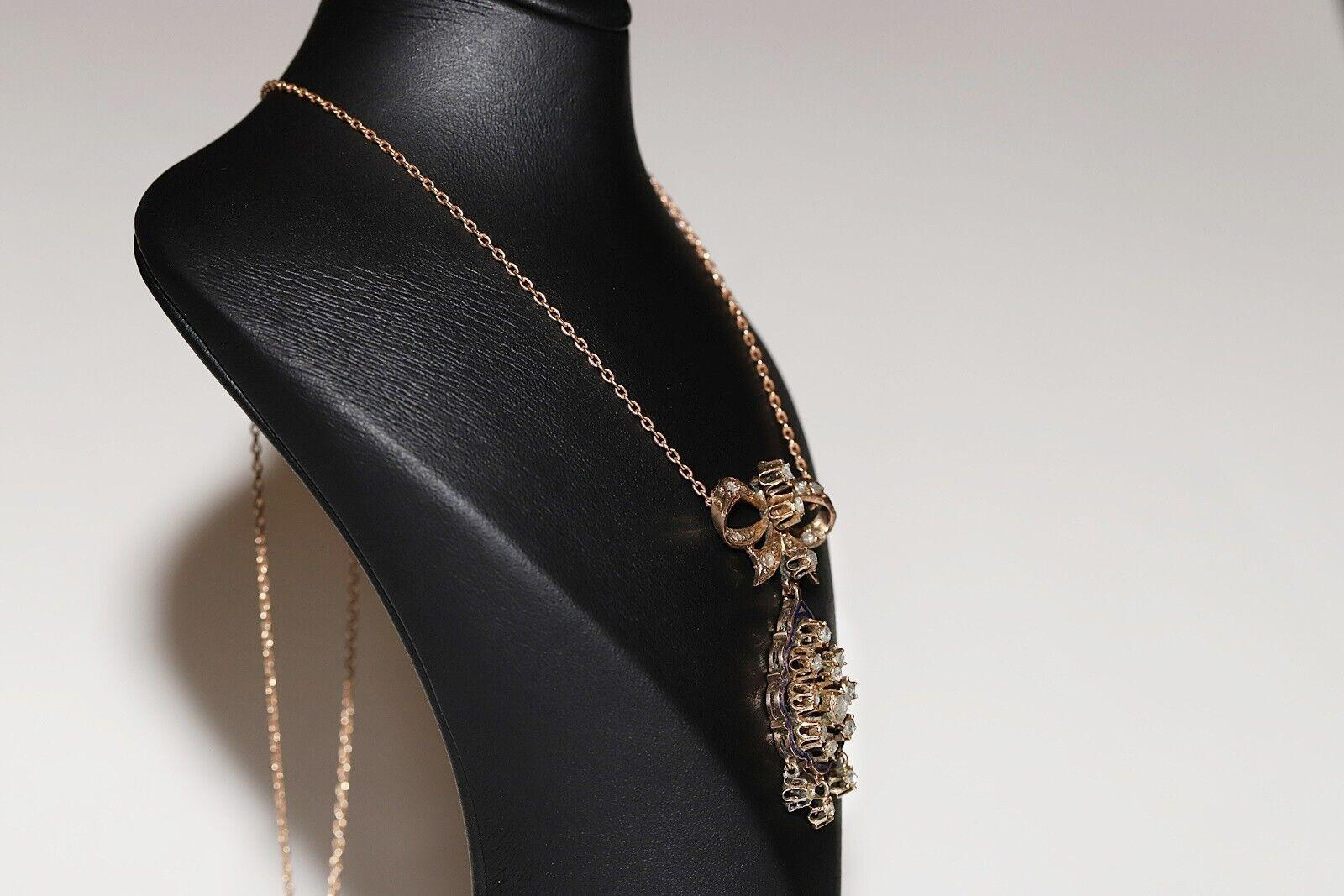 Collana antica CIRCA 1900 in oro 12k con ciondolo Dimond taglio rosa naturale e smalto In condizioni buone in vendita a Fatih/İstanbul, 34