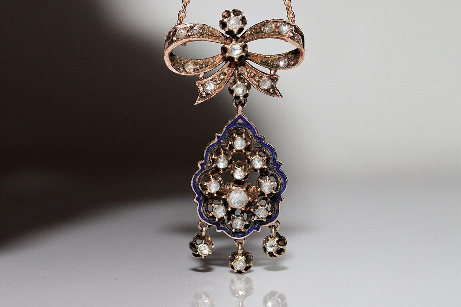 Donna Collana antica CIRCA 1900 in oro 12k con ciondolo Dimond taglio rosa naturale e smalto in vendita