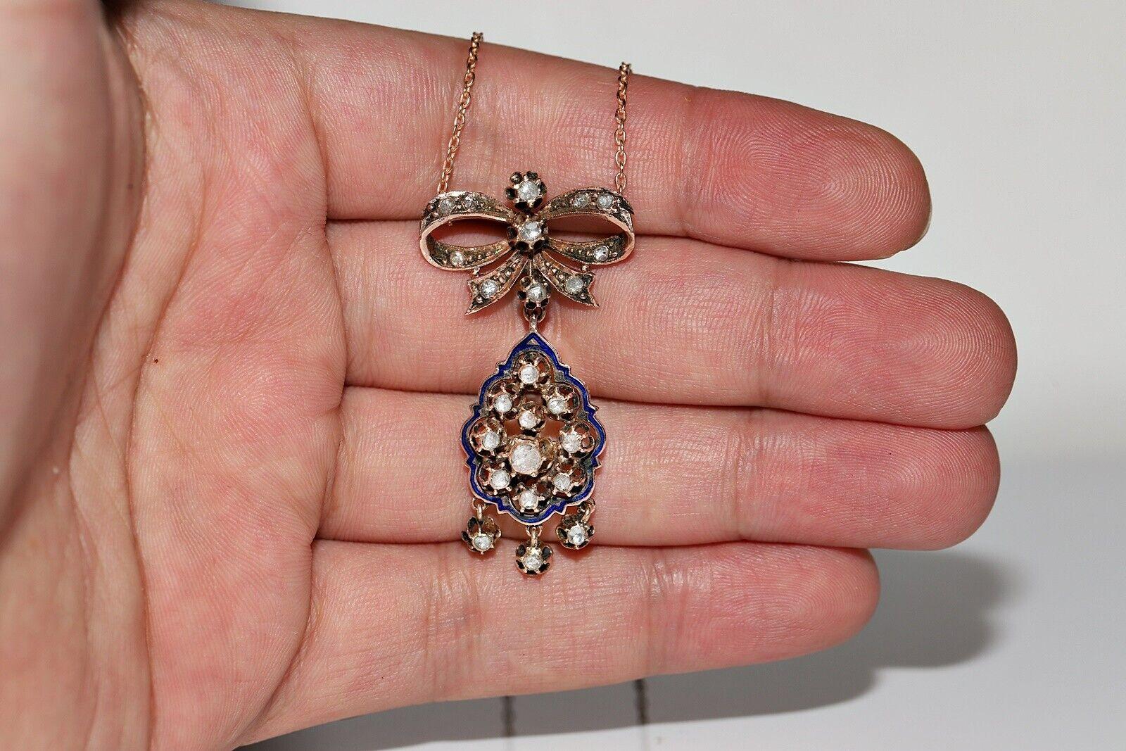Collana antica CIRCA 1900 in oro 12k con ciondolo Dimond taglio rosa naturale e smalto in vendita 1
