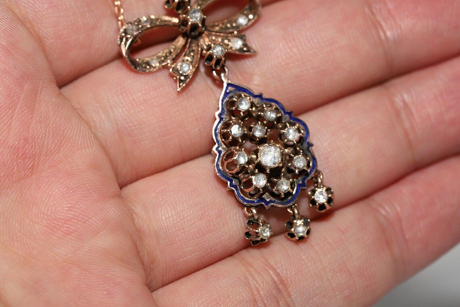Collana antica CIRCA 1900 in oro 12k con ciondolo Dimond taglio rosa naturale e smalto in vendita 2
