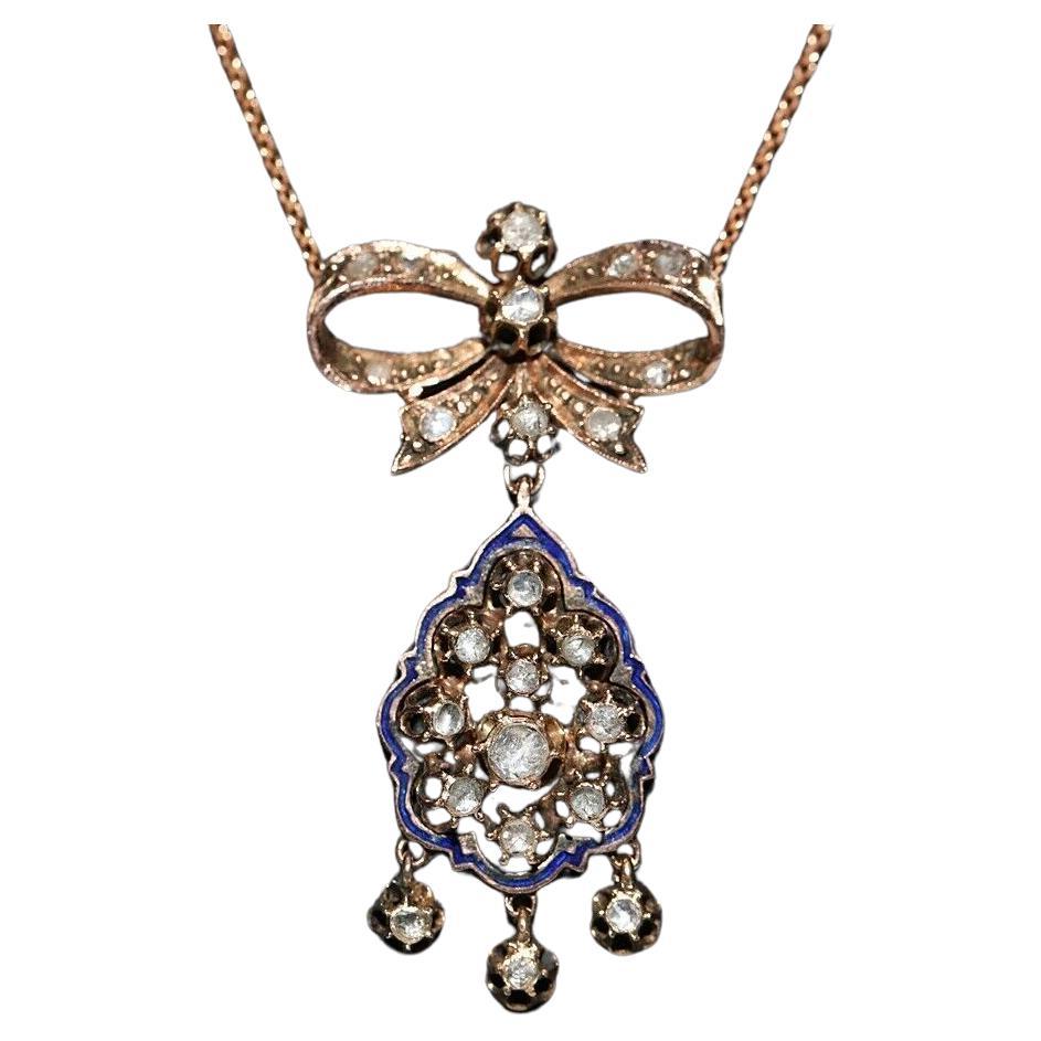 Antiguo Circa 1900s 12k Oro Natural Corte Rosa Dimond Colgante Esmalte Collar