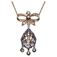 Antiguo Circa 1900s 12k Oro Natural Corte Rosa Dimond Colgante Esmalte Collar