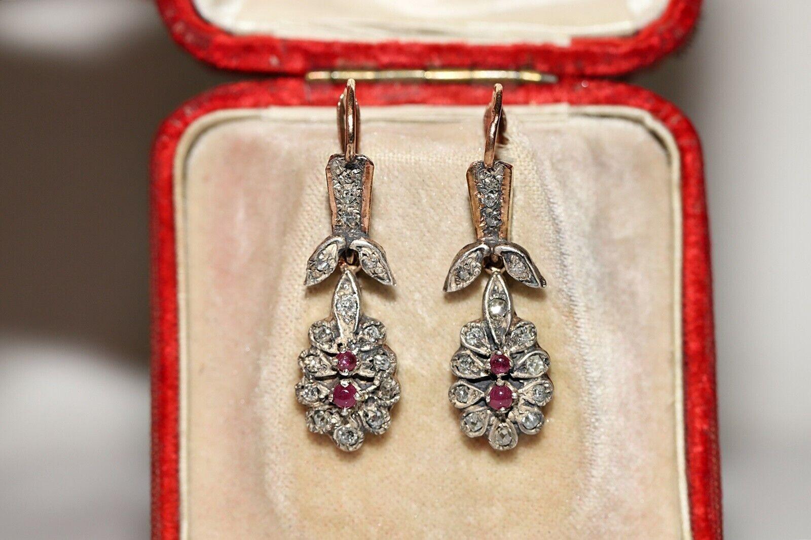 Antique Circa 1900s 12k Gold Top Silver Natural Diamond And Ruby Drop Earring For Sale 4