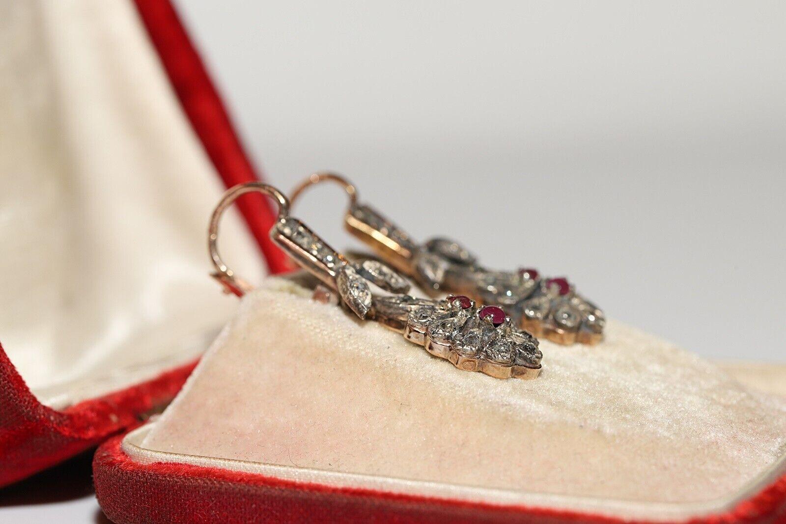 Antique Circa 1900s 12k Gold Top Silver Natural Diamond And Ruby Drop Earring For Sale 5