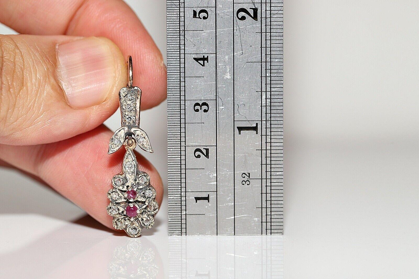 Antique Circa 1900s 12k Gold Top Silver Natural Diamond And Ruby Drop Earring For Sale 6