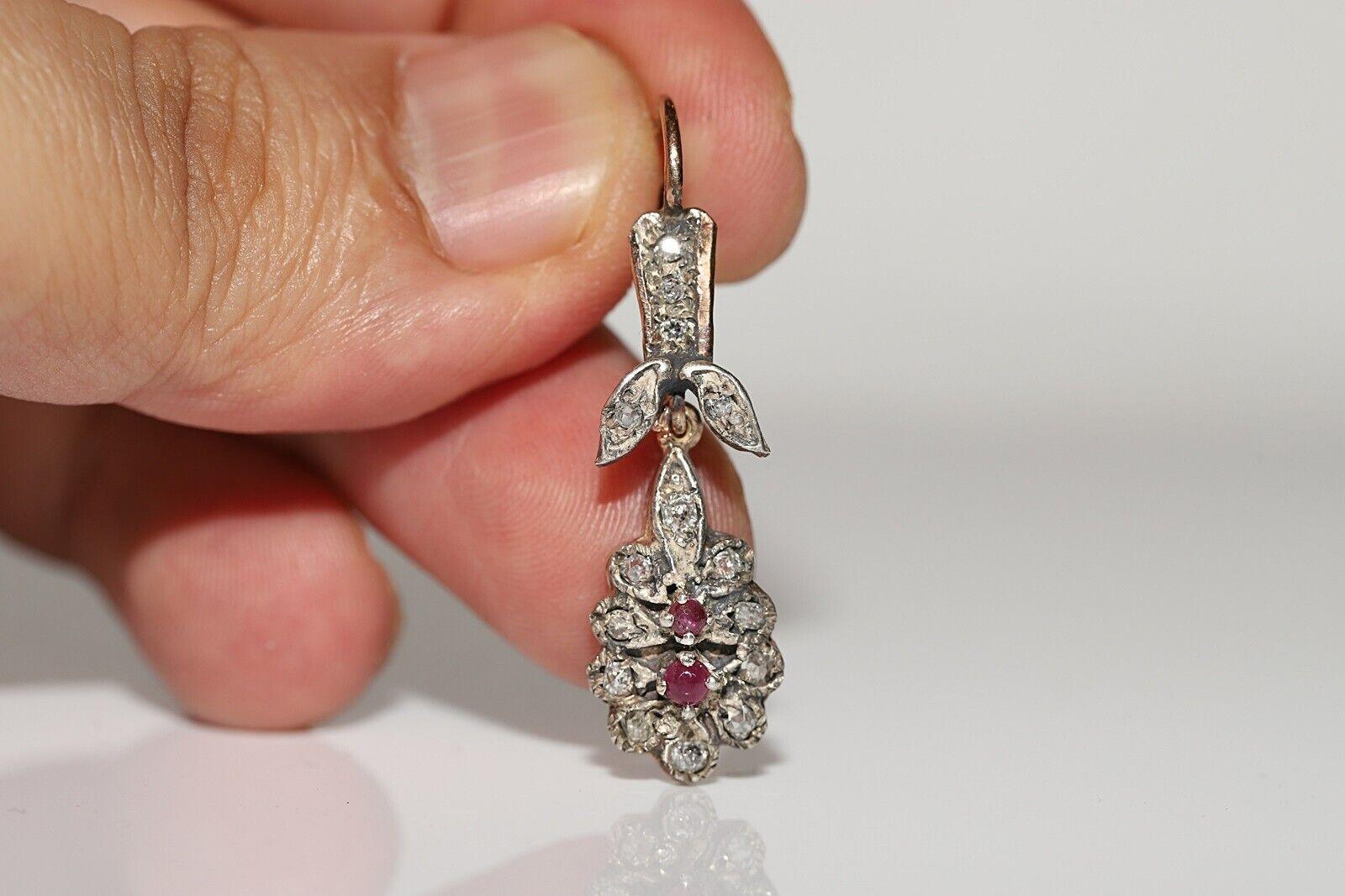 Victorian Antique Circa 1900s 12k Gold Top Silver Natural Diamond And Ruby Drop Earring For Sale