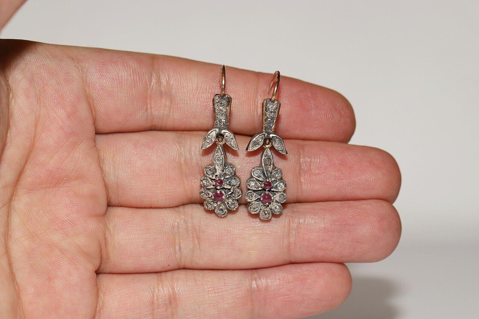 Antique Circa 1900s 12k Gold Top Silver Natural Diamond And Ruby Drop Earring For Sale 1