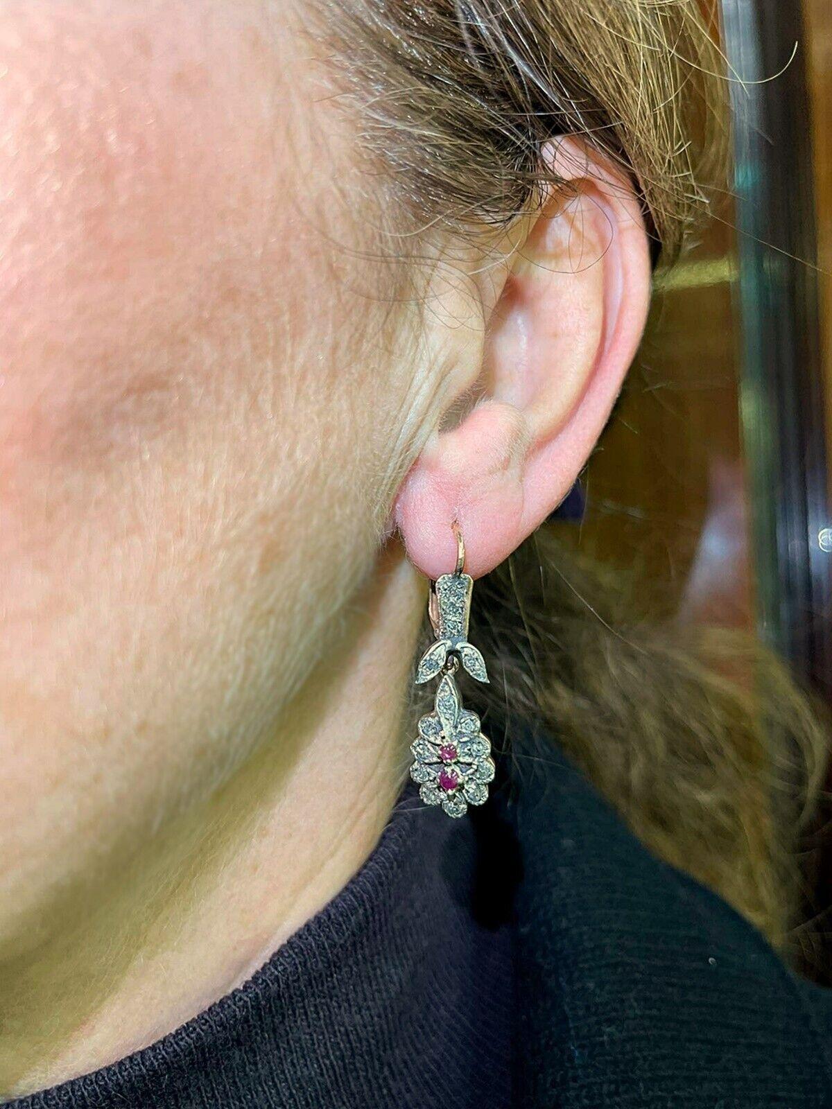 Antique Circa 1900s 12k Gold Top Silver Natural Diamond And Ruby Drop Earring For Sale 3