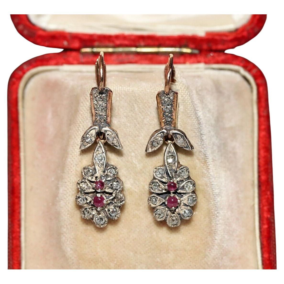 Antique Circa 1900s 12k Gold Top Silver Natural Diamond And Ruby Drop Earring For Sale