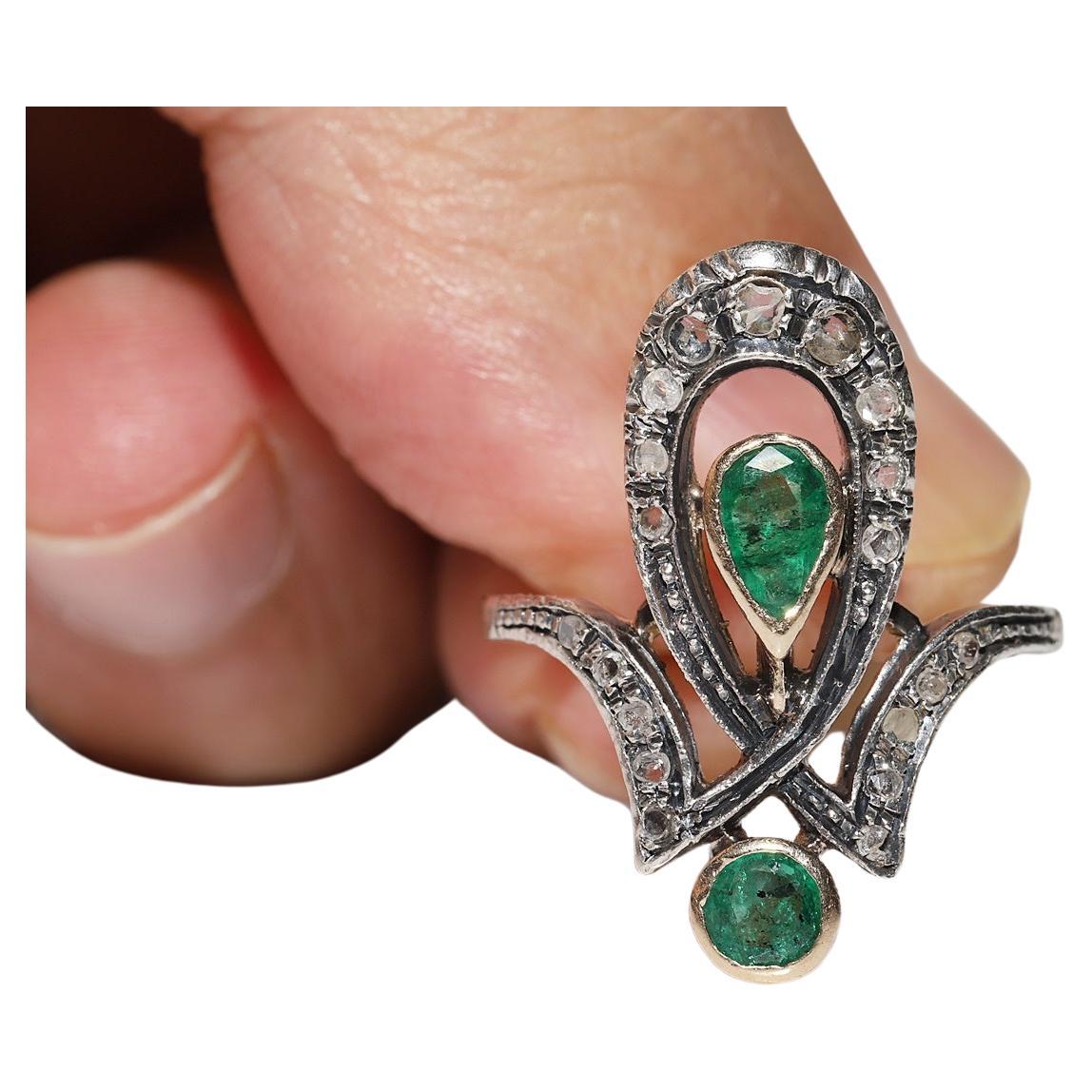 Antique Circa 1900s 12k Gold Top Silver Natural Rose Cut Diamond Emerald Ring For Sale