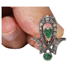 Antique Circa 1900s 12k Gold Top Silver Natural Rose Cut Diamond Emerald Ring