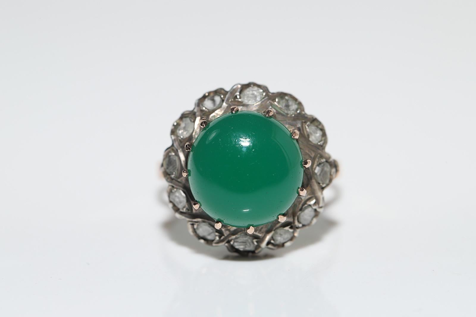 Victorian Antique Circa 1900s 12k Gold Top Sılver Natural Rose Cut Diamond And Jade Ring For Sale