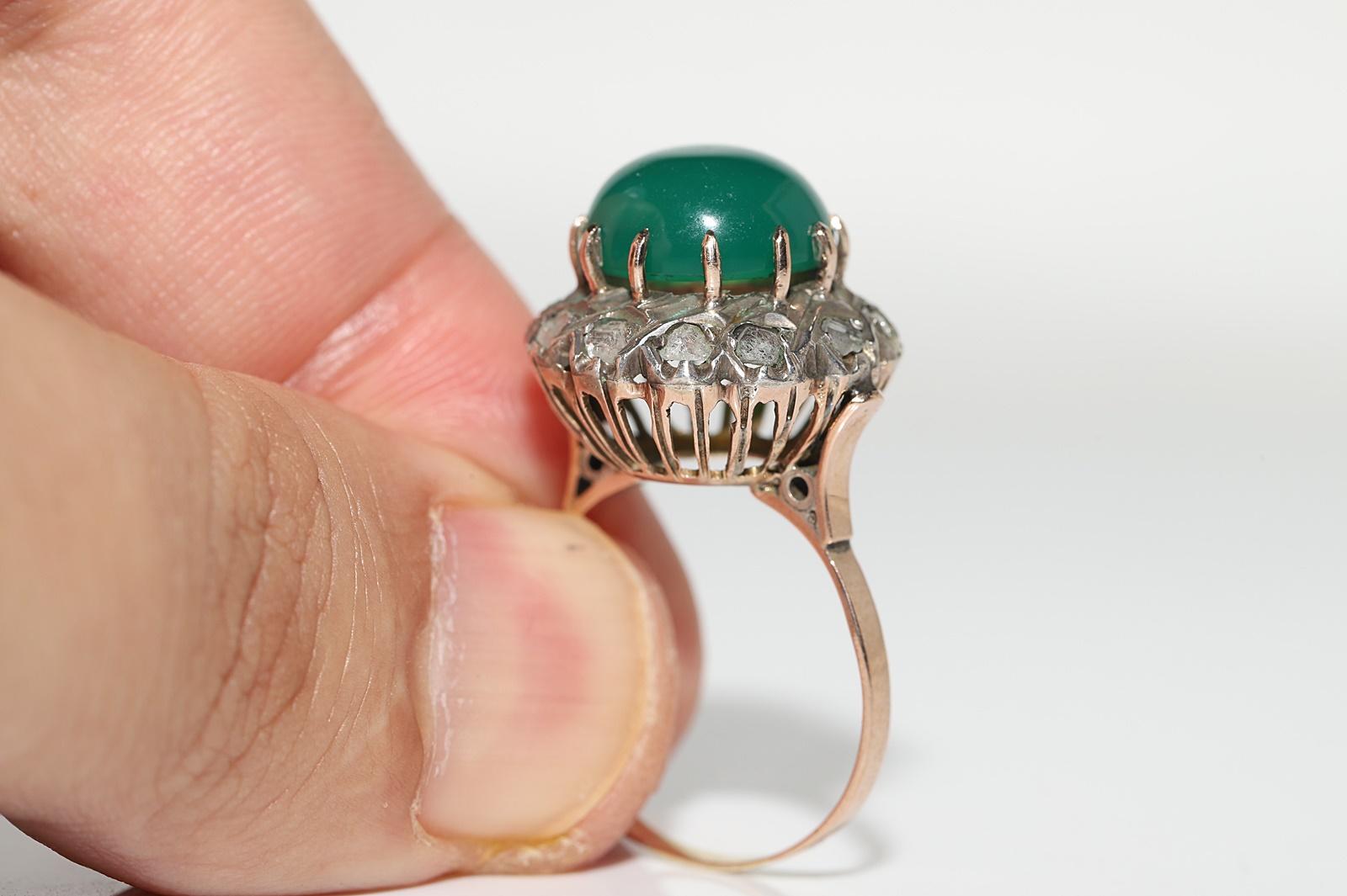 Antique Circa 1900s 12k Gold Top Sılver Natural Rose Cut Diamond And Jade Ring For Sale 2
