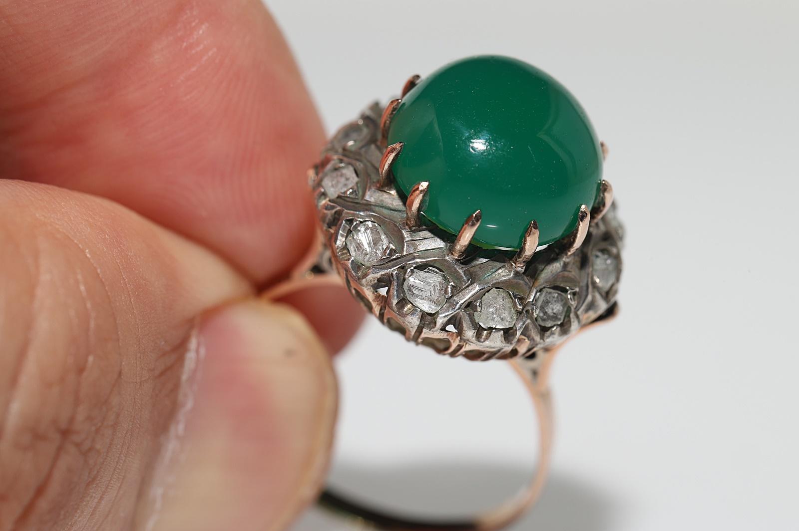 Antique Circa 1900s 12k Gold Top Sılver Natural Rose Cut Diamond And Jade Ring For Sale 3
