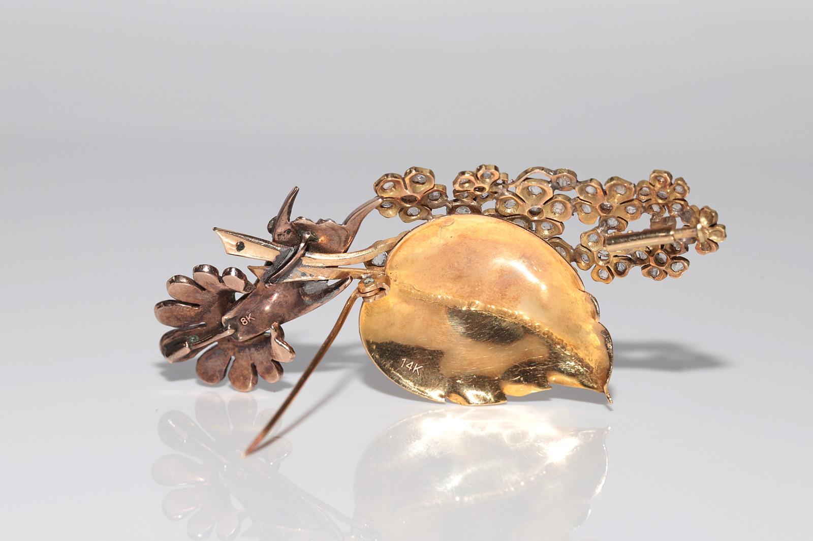 Antiguo broche de esmeraldas y diamantes naturales talla rosa de oro de 14 y 8 quilates de la década de 1900 en Bueno estado para la venta en Fatih/İstanbul, 34