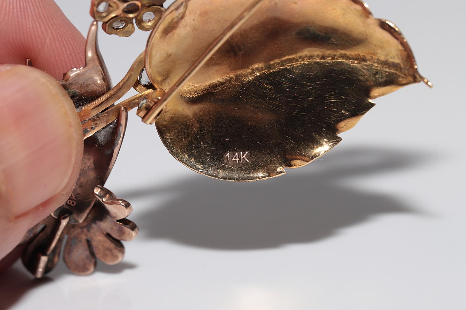 De las mujeres Antiguo broche de esmeraldas y diamantes naturales talla rosa de oro de 14 y 8 quilates de la década de 1900 en venta