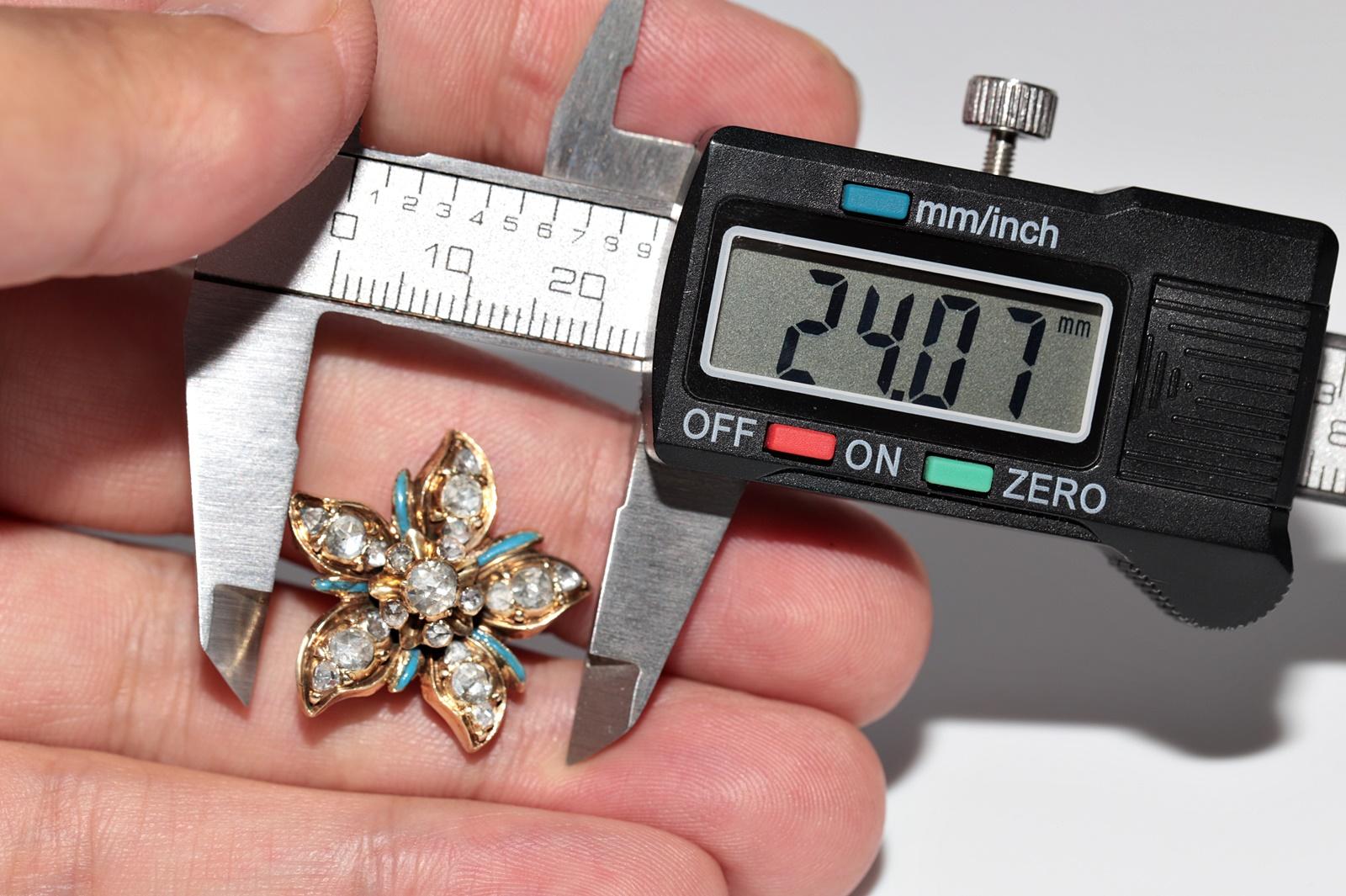 Antique Circa 1900s 14k Gold Handcrafted Enamel  Natural Rose Cut Diamond Brooch For Sale 5