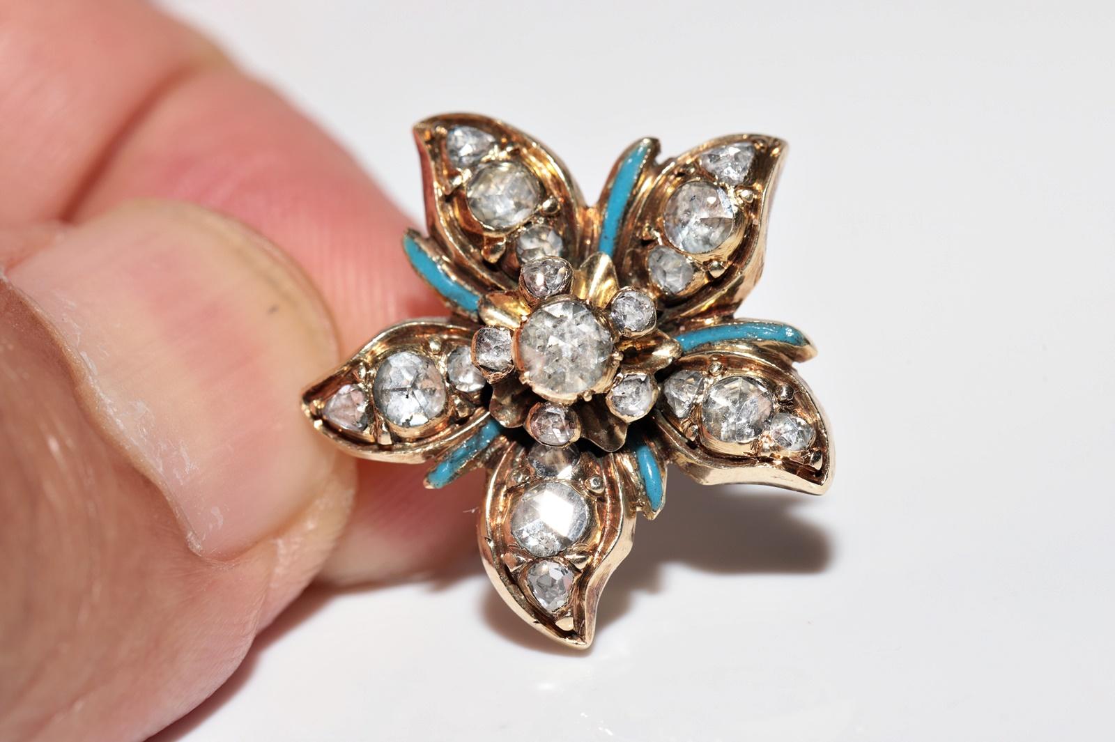 Antique Circa 1900s 14k Gold Handcrafted Enamel  Natural Rose Cut Diamond Brooch For Sale 7