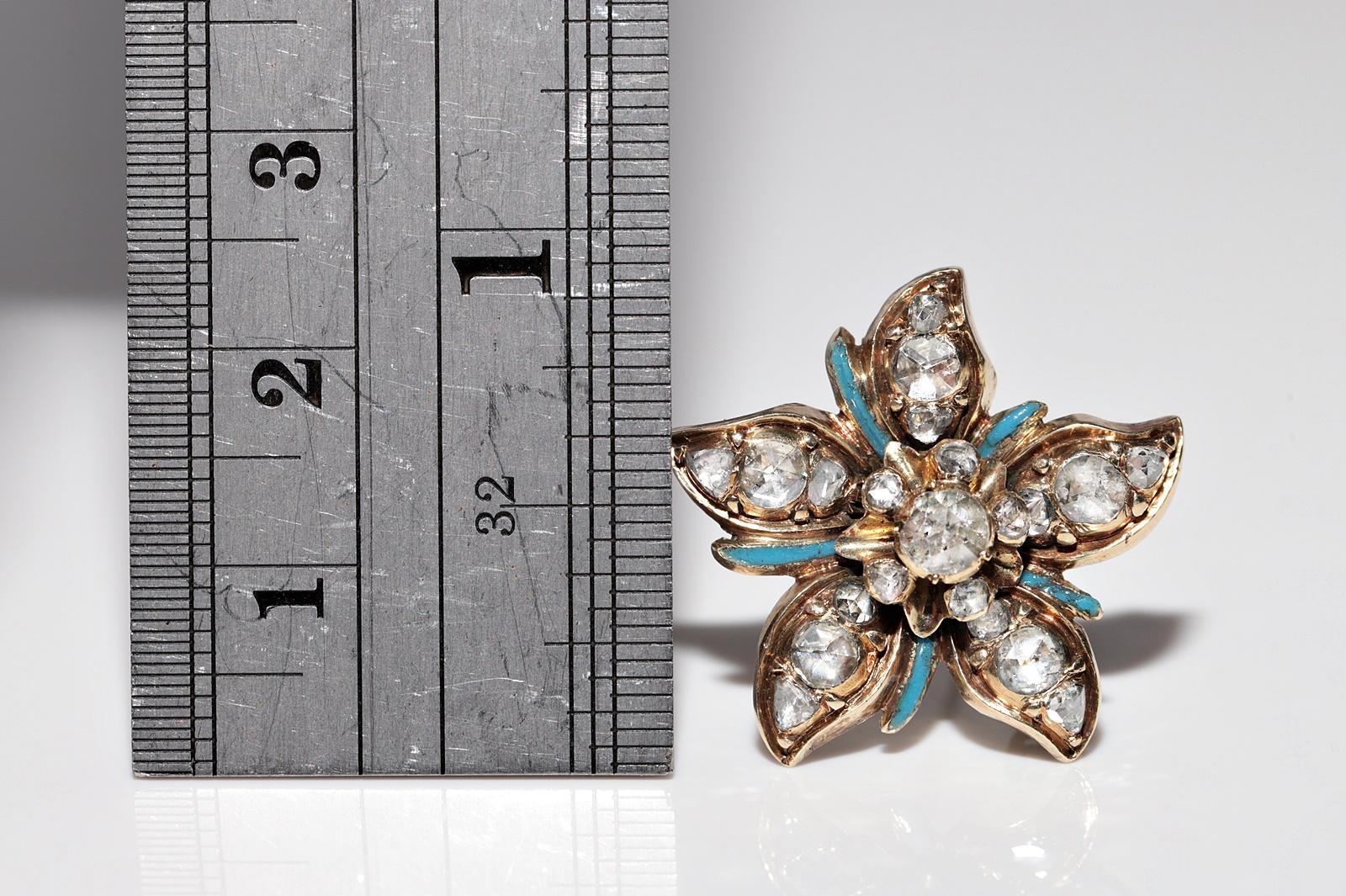 Victorian Antique Circa 1900s 14k Gold Handcrafted Enamel  Natural Rose Cut Diamond Brooch For Sale