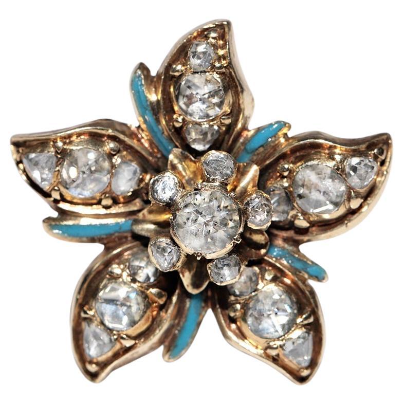 Antique Circa 1900s 14k Gold Handcrafted Enamel  Natural Rose Cut Diamond Brooch