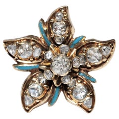 Antique Circa 1900s 14k Gold Handcrafted Enamel  Natural Rose Cut Diamond Brooch