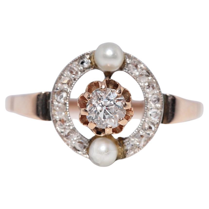 Bague ancienne en or 14k Circa 1900 faite à la main avec des diamants naturels et des perles