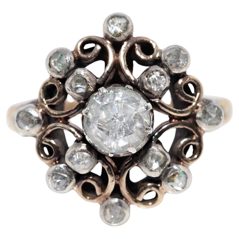 Anello antico CIRCA 1900 in oro 14k con diamante naturale taglio rosa decorato e lavorato a mano