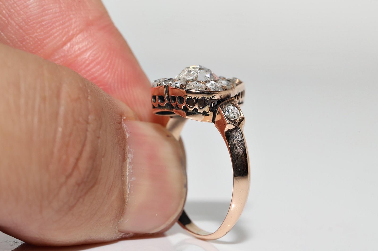 Antique Circa 1900s 14k Gold Handmade Natural Rose Cut Diamond Decorated Ring 3