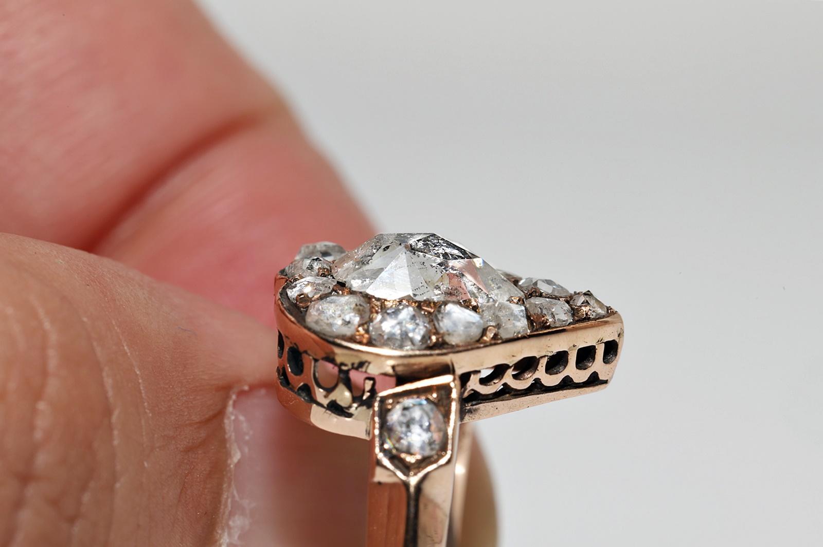 Antique Circa 1900s 14k Gold Handmade Natural Rose Cut Diamond Decorated Ring 4