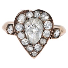 Antique Circa 1900s 14k Gold Handmade Natural Rose Cut Diamond Decorated Ring 