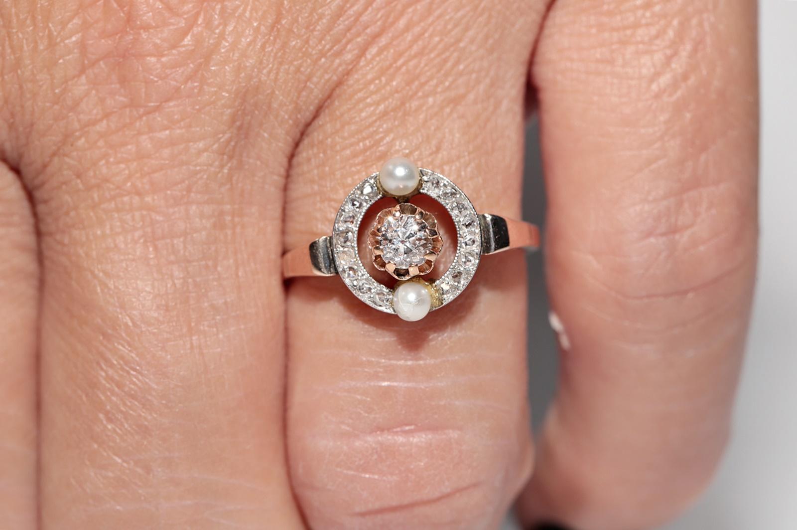 Taglio a rosa Anello antico CIRCA il 1900 in oro 14k con diamanti naturali e perle in vendita