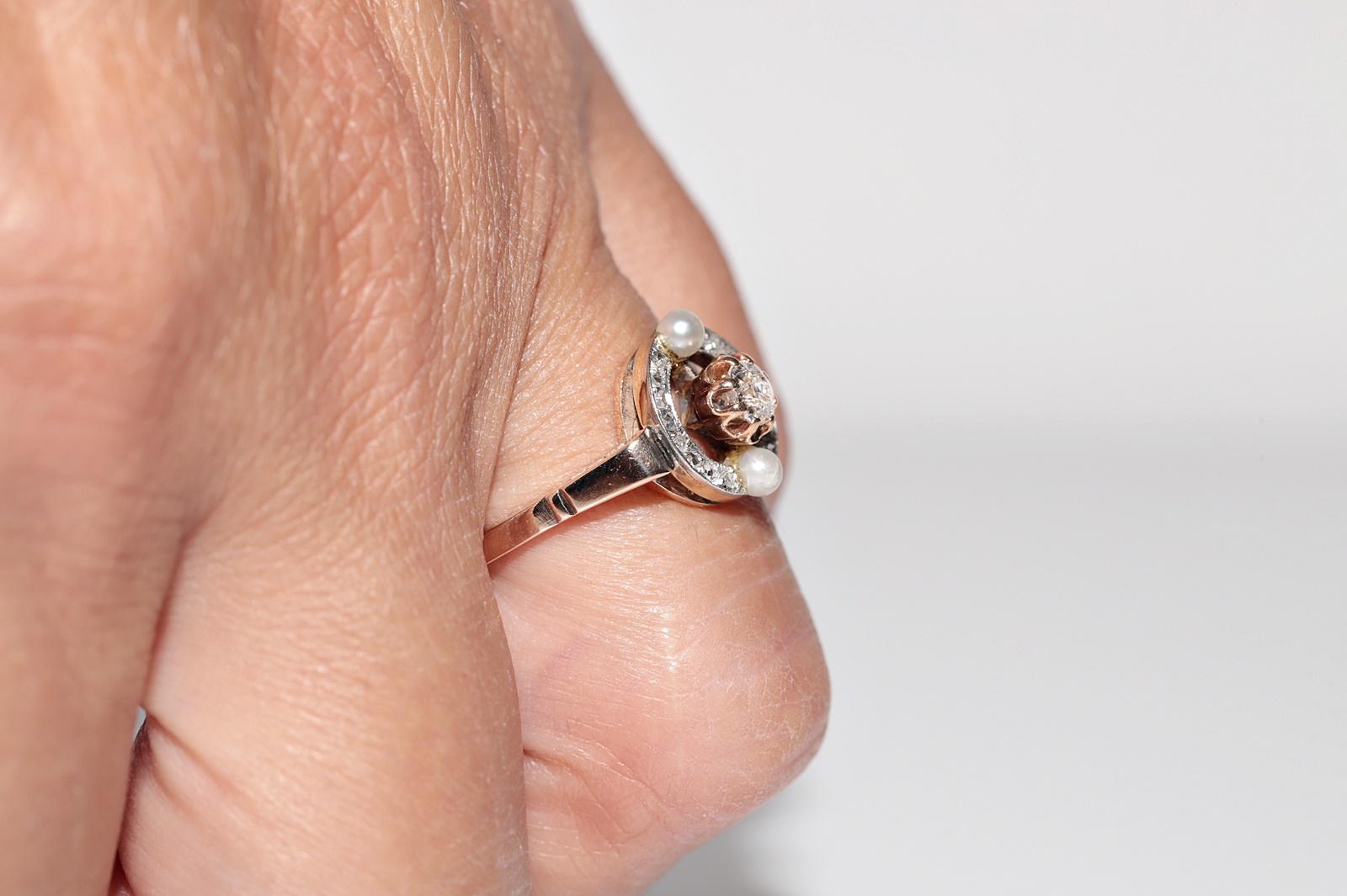 Anello antico CIRCA il 1900 in oro 14k con diamanti naturali e perle In condizioni buone in vendita a Fatih/İstanbul, 34