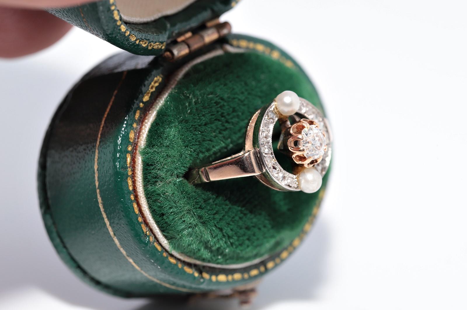 Anello antico CIRCA il 1900 in oro 14k con diamanti naturali e perle in vendita 1