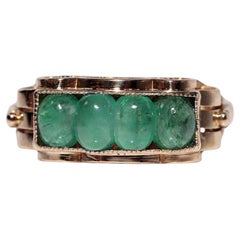 Antique Circa 1900s 14k Gold Natural Cabochon Emerald Decorated Band Design Ring