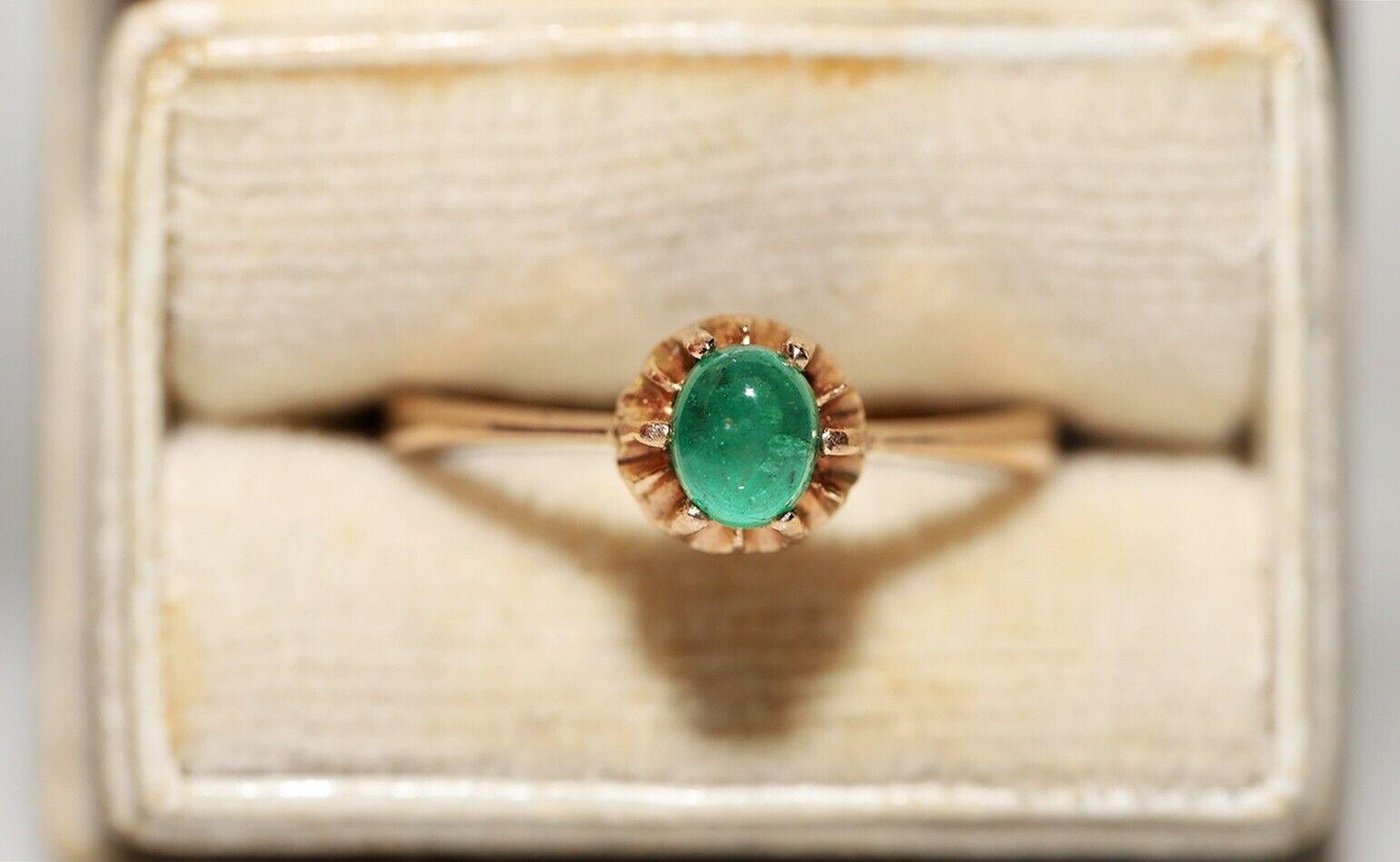 Antiker Solitär-Ring, um 1900, 14k Gold, natürlicher Cabochon, Smaragd, Solitär im Angebot 9