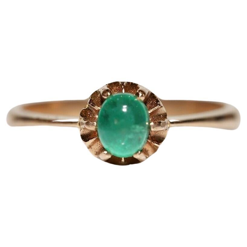 Antique Circa 1900s 14k Gold Natural Cabochon Emerald Solitaire Ring