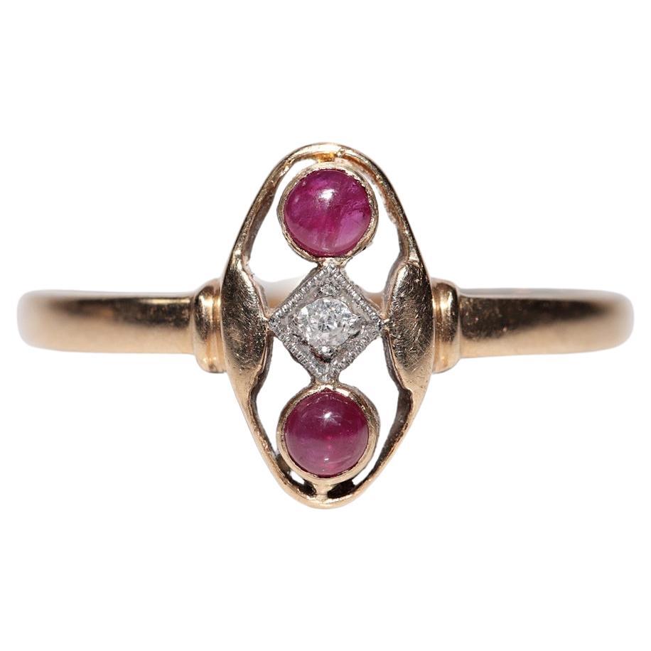 Bague ancienne datant des années 1900, en or 14 carats, diamant naturel et rubis taille cabochon