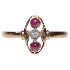 Anello antico CIRCA 1900 in oro 14k con diamante naturale e rubino tagliato a cabochon