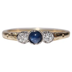 Antique Circa 1900s 14k Gold Natural Diamond And Cabochon Cut Sapphire Ring
