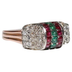 Antique Circa 1900s 14k Gold Natural Diamond And Caliber Cut Emerald Ruby Ring