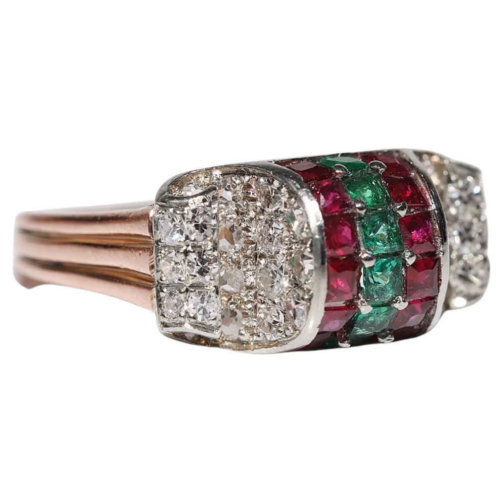 Antiguo Anillo de Oro de 14k Circa 1900 con Diamante Natural y Rubí Esmeralda Tallado Calibre