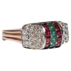 Antiguo Anillo de Oro de 14k Circa 1900 con Diamante Natural y Rubí Esmeralda Tallado Calibre
